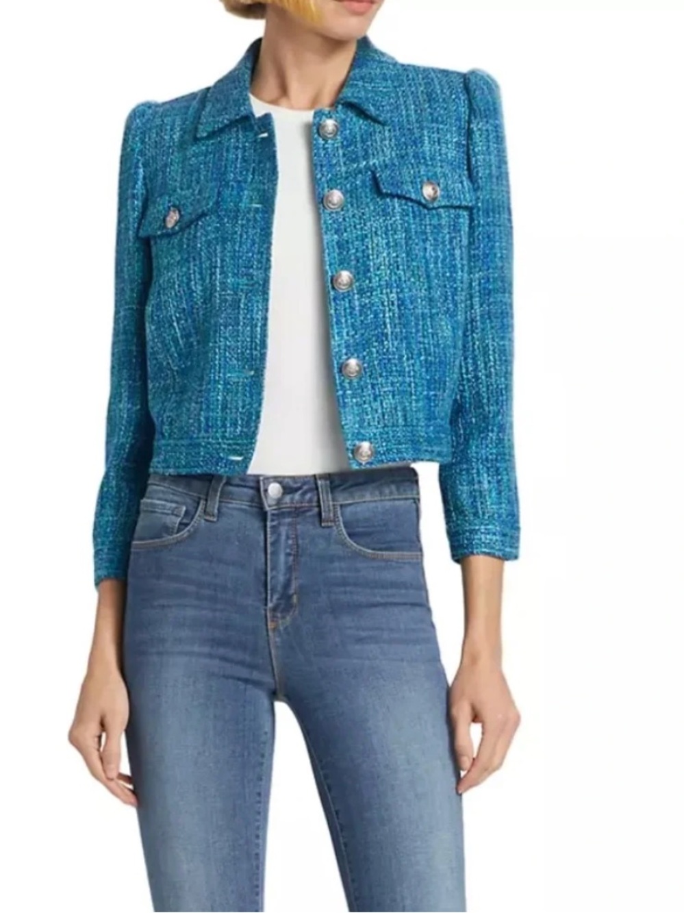 NWT L'AGENCE Kasey Bracelet Sleeve Tweed Jacket, Size Small, Caribbean Blue